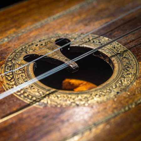 A detailed close-up of an antique string instrument's soundhole, framed by an ornate golden rosette.の素材