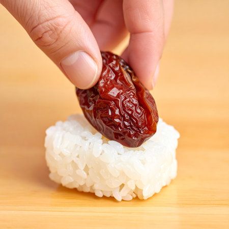 A chef's hand carefully places a sweet, dried date onto a perfectly formed block of sticky rice.の素材