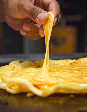 A chef's hand expertly stretches a long, gooey string of melted mozzarella cheese from a freshly cooked flatbread on a hot griddle.の素材