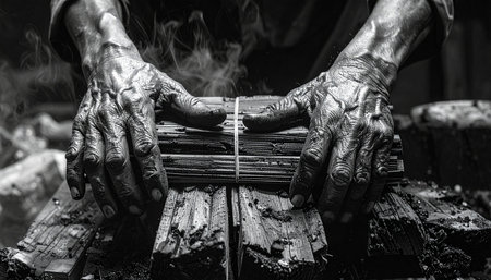 In a powerful black and white depiction, the soot-covered hands of a manual laborer present a tightly bound bundle of charcoal.の素材