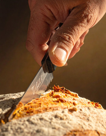 In the warm glow of morning light, a practiced hand carefully slices into a freshly baked loaf of rustic bread.の素材