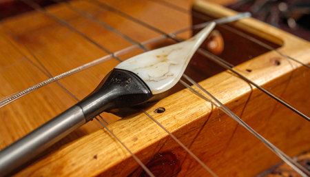 A detailed macro shot captures the plectrum, or mizrab, resting on the intricate strings of a traditional Indian sitar.の素材