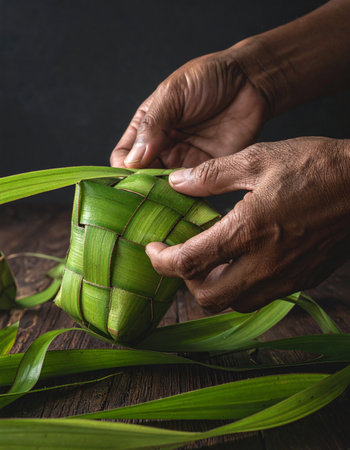 With practiced skill, an elder's hands meticulously weave young coconut leaves into a ketupat pouch.の素材