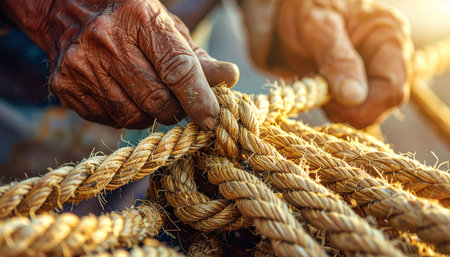 In the warm glow of the setting sun, a pair of weathered, experienced hands expertly work a thick, coarse rope.の素材