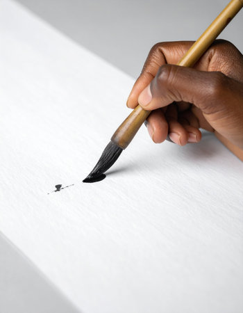 In a moment of quiet concentration, an artist's hand guides a traditional brush across a blank canvas.の素材