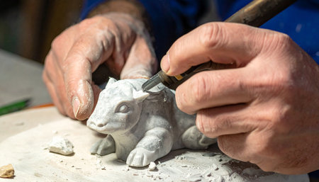 With steady hands and years of experience, a master artisan carefully carves the fine details into a small clay animal.の素材