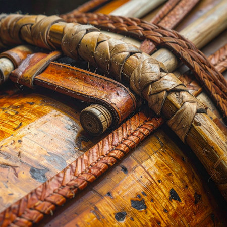 A detailed closeup of a handcrafted leather whip, its intricate braids and weathered texture telling a story of rustic tradition and skilled craftsmanship.の素材