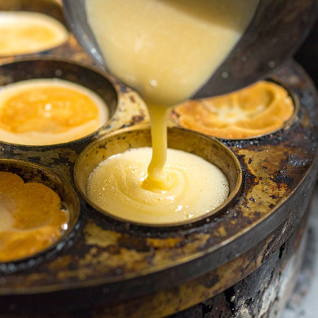 A close-up shot captures the precise moment batter is poured into a hot, traditional cast iron mold.の素材