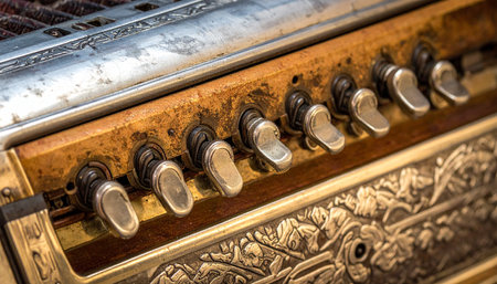 A close-up view captures the intricate, ornate details and weathered patina of a vintage harmonium.の素材