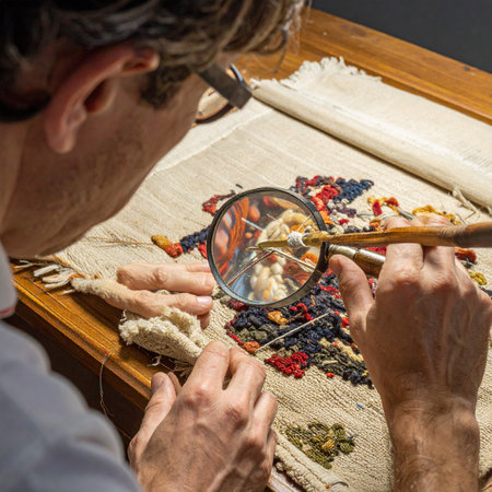With intense focus, a master artisan uses a magnifying glass to inspect the intricate details of a colorful textile.の素材