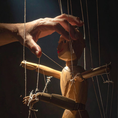 In the shadows, a powerful hand expertly pulls the strings, directing the every move of a wooden marionette.の素材
