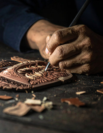 In the quiet focus of a dimly lit workshop, the weathered hands of a master artisan meticulously carve an intricate design into a piece of leather.の素材