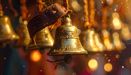 A close-up of sacred golden bells hanging in a Hindu temple, bathed in the warm, ambient glow of festive lights.の素材