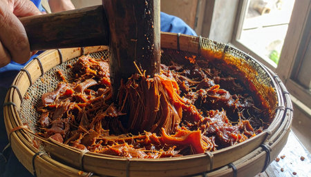 In a rustic kitchen, skilled hands use a traditional wooden pestle to mash tender, slow-cooked jackfruit in a woven bamboo basket.の素材