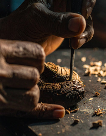 In a dimly lit workshop, the weathered hands of a master artisan move with practiced precision.の素材