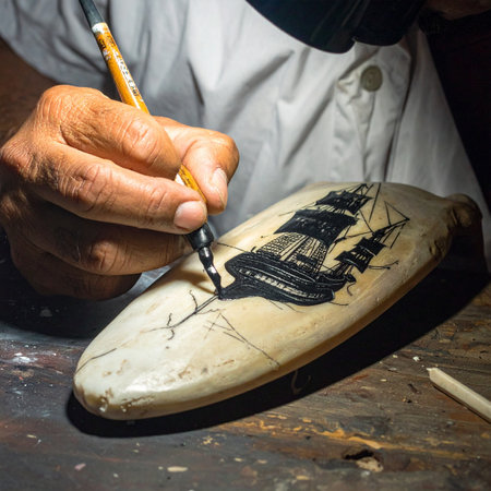With a steady hand and intense focus, a master artisan brings a majestic sailing ship to life.の素材