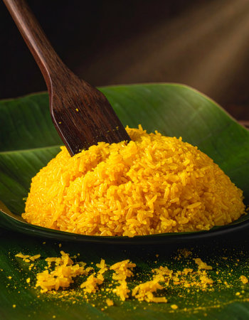 A warm, steaming mound of traditional Brazilian cuscuz is served on a fresh banana leaf.の素材