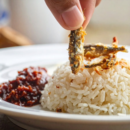 A close-up shot captures the moment of enjoyment as a hand picks a crispy fried anchovy from a fragrant mound of coconut rice.の素材
