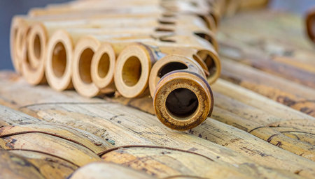 A close-up view reveals the intricate craftsmanship of a traditional bamboo pan flute.の素材