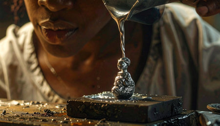In the focused quiet of a workshop, a skilled artisan carefully pours shimmering molten metal.の素材