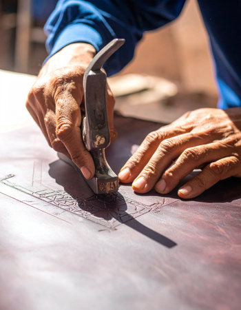 In the warm light of a workshop, a skilled artisan's hands meticulously press a custom design into a piece of fine leather.の素材