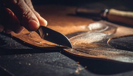 In the quiet focus of a dimly lit workshop, a master craftsman's steady hand guides a sharp knife, meticulously shaping a piece of dark wood.の素材