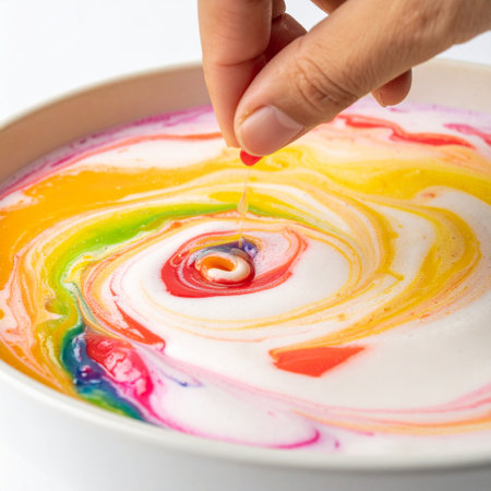 A single drop creates a vibrant explosion of color, as a hand initiates a beautiful chemical reaction in a bowl of milk.の素材