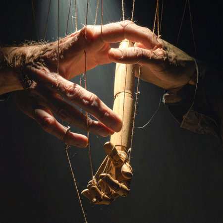In the shadows, a master puppeteer's hand delicately guides the wooden marionette, pulling the strings of fate.の素材