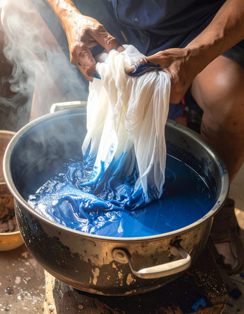 An artisan carefully dips a white cloth into a steaming vat of rich, natural indigo dye.の素材