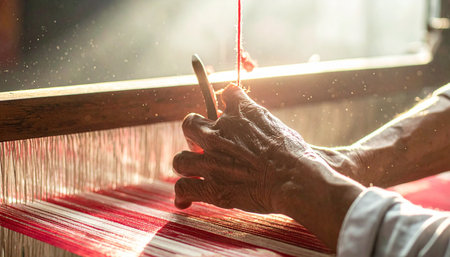 In a workshop bathed in warm, golden sunlight, the skilled hands of an artisan move with practiced grace. Each thread is carefully guided on the traditional wooden loom, weaving a vibrant red textile.の素材