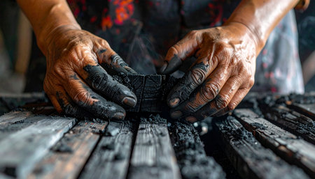 A close-up view captures the weathered, soot-covered hands of a worker meticulously sorting pieces of natural charcoal.の素材
