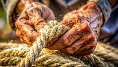 A close-up view captures the immense strength and history etched into a pair of weathered, wrinkled hands.の素材