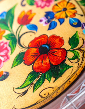 A close-up view reveals the intricate details and vibrant colors of a traditional hand-painted floral design.の素材