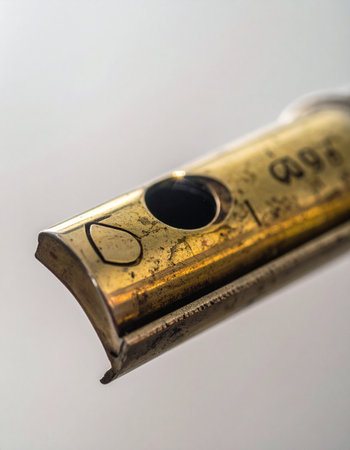 A macro view captures the intricate details and worn texture of a vintage flute's mouthpiece.の素材
