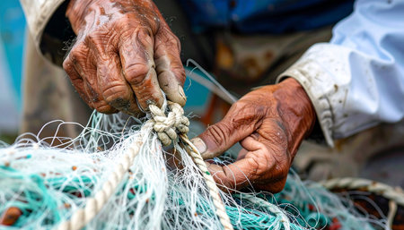 A close-up captures the weathered, experienced hands of a fisherman meticulously mending his net.の素材