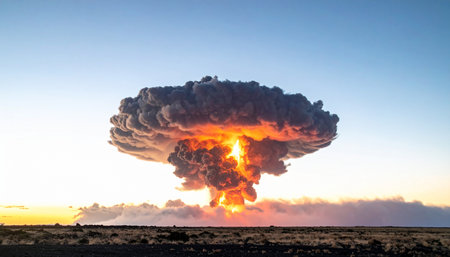 A terrifyingly beautiful mushroom cloud erupts into the sky at dawn, casting a fiery glow over a desolate landscape.の素材