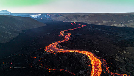 From a breathtaking aerial perspective, a vibrant river of molten lava carves its path through a stark, black volcanic field.の素材