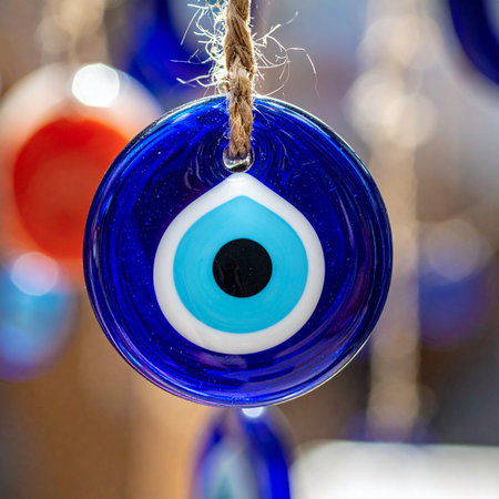 A vibrant blue glass evil eye, known as a Nazar, hangs suspended, its concentric circles believed to watch over and ward off misfortune.の素材