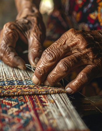 In a dimly lit workshop, the weathered hands of a master artisan move with practiced grace over a traditional loom.の素材