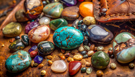 A vibrant treasure trove of polished gemstones and healing crystals spills across a rustic surface.の素材