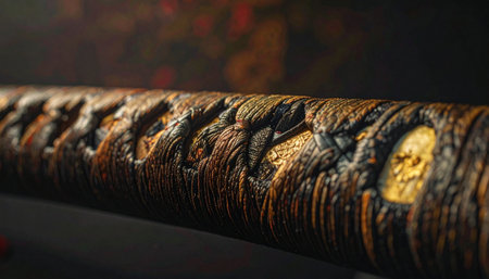 A macro photograph captures the intricate, battle-worn texture of a traditional Japanese katana hilt.の素材