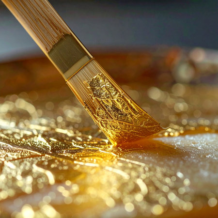 In a moment of pure creation, a paintbrush loaded with liquid gold carefully coats a surface.の素材