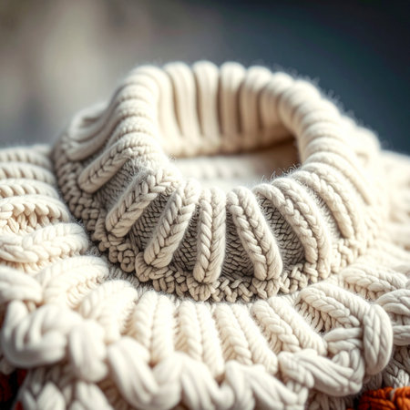 A detailed close-up of a hand-knitted sweater collar, showcasing the intricate texture and cozy warmth of chunky wool yarn.の素材