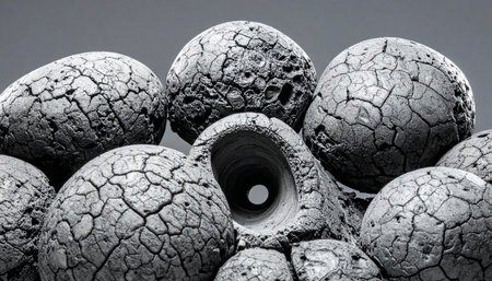 A collection of ancient, cracked stone spheres with a rough, weathered texture.の素材