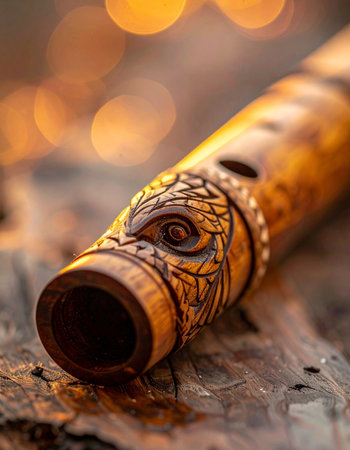 In the warm glow of a setting sun, an intricately hand-carved wooden flute rests on a rustic surface.の素材