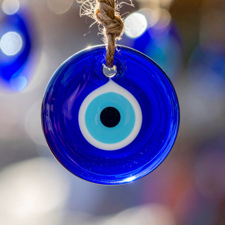 A traditional glass Nazar, a powerful symbol of protection, hangs against a softly blurred background.の素材