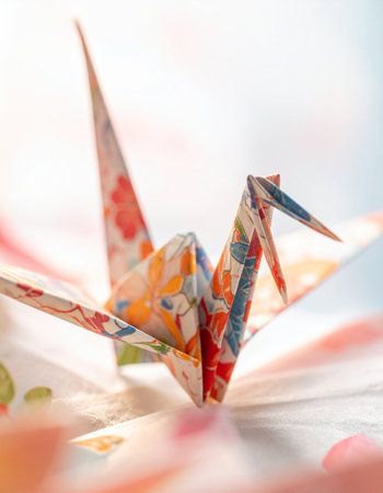A single, beautifully crafted origami crane, folded from paper with a vibrant floral pattern, stands as a delicate symbol of hope, peace, and longevity.の素材