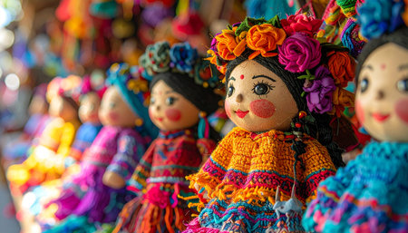 A vibrant lineup of traditional Mexican rag dolls, each handcrafted with unique, colorful embroidery.の素材