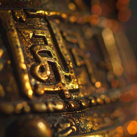 A macro view reveals the intricate details of an ancient golden relic, its surface etched with sacred symbols.の素材