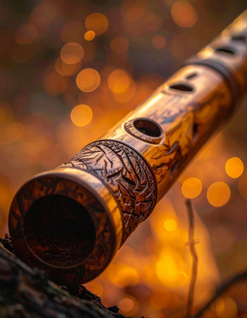 An intricately carved wooden flute rests in the warm, golden glow of a setting sun or a gentle campfire.の素材